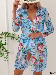 Bjux - Tropical Print Two-Piece Swimsuit, V-Neck Tummy Control, High Cut Long Sleeves Rash Guard Kimono Swimsuit - Womens Swimwear & Clothing Swimwear Outfit, Rash Guard, High Cut, Tropical Print, Women Swimsuits, Womens Swimwear, Two Piece, Long Sleeves, V Neck