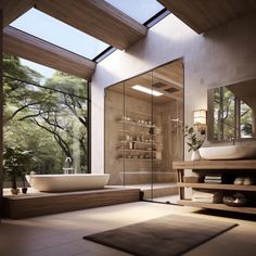 a large bathroom with a skylight above the bathtub and shower area, along with a rug on the floor