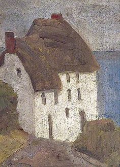 a painting of a white house with a brown roof next to the ocean on a cloudy day