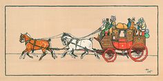 a drawing of a horse drawn carriage with people on it