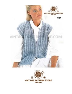 a woman wearing a knitted vest and white shirt with the words vintage pattern store on it