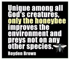 a quote about honeybees on black with yellow and white text that reads, unique among all god's creatures, only the honeybee imppoves the environment and prey