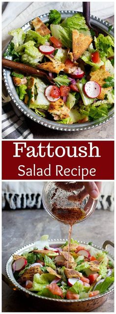 a salad with dressing being drizzled over it and the words fattoush salad recipe below