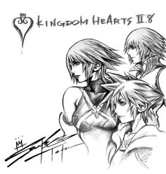 three anime characters with the words kingdom hearts in black and white, on a white background