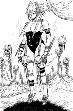 a black and white drawing of a woman standing in the middle of a field with skeletons