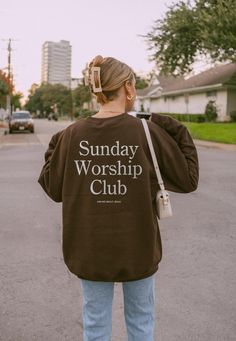 Sunday Worship Club!! This minimalist, streetwear style sweatshirt is perfect for Sunday morning service.  This classic, unisex crewneck will fit like a well-loved favorite from its first wear. Our ultra soft Gildan crewnecks feature... 🖤 Medium weight fabric with a 50/50 cotton & polyester blend 🖤 Tear away label and no side seams 🖤 True to size fit - available in a range of sizes! Questions about sizing? Please refer to the size chart included in our listings! When shopping with our store, Christian Conference Outfit, Basic Sweatshirt With Text Print For Streetwear, Fall Streetwear Sweater, Fall Crew Sweatshirt With Branding, Everyday Long Sleeve Text Print Sweatshirt, Everyday Long Sleeve Sweatshirt With Text Print, Long Sleeve Text Print Sweatshirt For Everyday, Christian Sweatshirt Designs, Church Merch Ideas