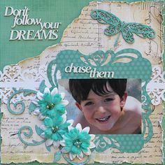 a scrapbook page with an image of a young boy smiling and holding flowers in his hand