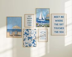 there are many pictures on the wall and one has a sailboat, umbrella, beach chair