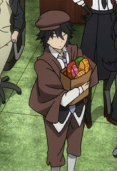 an anime character holding a box with food in it's hands and people standing behind him