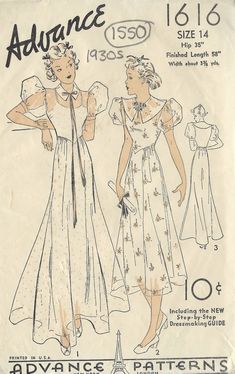 an old fashion sewing pattern with two women in dresses