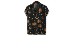 Sun and Stars Short Sleeve Shirt Fitted Star Print Summer Tops, Fitted Star Print Tops For Summer, Cotton T-shirt With Star Print For Summer, Trendy Star Print Summer Tops, Fitted Star Print T-shirt For Summer, Trendy Star Print Tops For Summer, Black Cotton Summer Shirt, Cotton Summer Top With Star Print, Cotton Shirt With Star Print For Summer