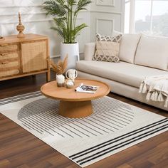 a living room with a couch, coffee table and potted plant in the corner