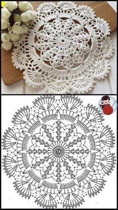 crochet doily is shown in three different pictures