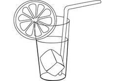 a line drawing of a glass with ice and a lemon slice on the rim next to a straw