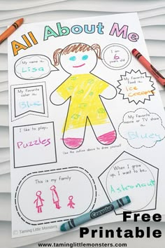 an all about me poster with crayons and markers