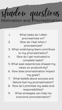 Struggling with procrastination? Discover powerful shadow work questions to uncover the root causes of your delays and learn how to boost your motivation. Dive deep into your fears, habits, and beliefs that hold you back. Start taking small steps towards a more productive and fulfilling life today! 🌟🚀📈 Shadow Work For Procrastination, Shadow Work Questions, Motivation Questions, Procrastination Motivation, Mindfulness Journal Prompts, Shadow Work Spiritual, Overcoming Procrastination, Journal Topics, Journal Questions