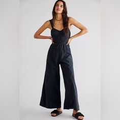 New With Tags, Free People - After All Ruched One Piece Wide Leg Jumpsuit Jumper. Can Be Worn Alone Or With A Shirt Underneath. Beautiful Piece That Is Slimming As Well. Gone Online. Color: Black Size: Small Description: Effortlessly Done-In-One, This Stunning One-Piece From Free People Is Featured In A Wide-Leg Silhouette With Ruched Bodice Design And Sweetheart Neck For The Perfect Instant Outfit. Features: Front Yoke Seam For Shape. Side Pockets. Back Tie Detailing. Measurements For Size Smal Free People Romper, One Piece Jumpsuit, Bodice Top, Cotton Jumpsuit, Knitted Romper, Ruched Bodice, Jumpsuit Black, Feminine Dress, Free People Pants