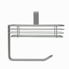 a metal shelf with two shelves and a towel rack on the top, in front of a white background