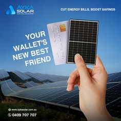 a person holding up a credit card in front of solar panels with the words, your wallet's new best friend