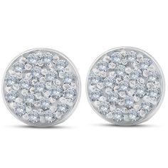 This matching pair of women's earrings features 38 round brilliant cut genuine ex3 lab grown diamonds. The diamonds are pave set in solid 14k white gold high polished round studs. The earrings are secured with 14k white gold push backs and measure approx 1/3". Color: gold/white. Gender: female. Age Group: adult. Dazzling White Round Diamond Earrings, Dazzling White Pave Setting Earrings, White Cluster Earrings With Diamond Accents, Diamond Earrings With Sparkling Stones, Round Diamond Earrings With Sparkling Stones, Dazzling Round Pave Set Earrings, White Round Cluster Earrings With Cubic Zirconia, Dazzling Round Earrings With Pave Setting, Dazzling White Cluster Earrings With Sparkling Stones