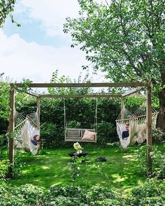 two people laying in hammocks on the grass near some trees and bushes,