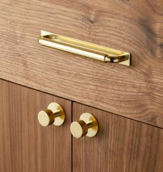 a close up of a wooden cabinet with two brass knobs on the door handles