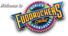 the logo for fudrucker's hamburgers is shown in this image