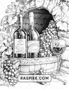 a black and white drawing of two bottles of wine in a barrel surrounded by grapes