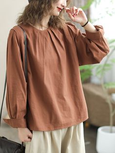 Details: Gender: Women Item Type: Blouse Material: Cotton Pattern Type: Solid Season: Spring, Autumn Style: Leisure, Daily, Retro Occasion: Going Out, Daily Size: One Size Length: 6.00 cm/ 2.36 " Bust: 110.00 cm/ 43.31 " Shoulder: 37.00 cm/ 14.57 " Sleeve: 56.00 cm/ 22.05 " Brown Solid Color Tops For Work, Spring Brown Solid Color Blouse, Relaxed Fit Plain Blouse, Casual Blouse Women, Boys Backpacks, Blouse Material, Autumn Style, End Of Season Sale, Casual Blouse