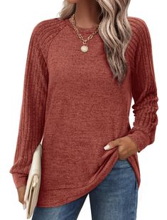 PRICES MAY VARY. ✦Features: Raglan long sleeve tunic tops, lightweight and cozy sweaters shirts, loose fit crewneck sweatshirts. The patchwork textured sleeves add a stylish touch, making it stand out from other plain t-shirts. ✦Match: These versatile tunic sweatshirts are easy to pair with jeans, leggings, shorts, slacks, skirts, boots, and sneakers for a fashion or casual look. They can be worn alone or layered under a coat in winter. ✦Occasion: Daily casual wear, around home, office work clot Red Sweaters For Women, Cheap Red Sweater For Fall, Cozy Fit Tops For Fall, Comfortable Long Sleeve Fall Sweater, Comfortable Long Sleeve Sweater For Fall, Casual Comfortable Long Sleeve Tops, Fall Casual Comfortable Tops, Comfortable Long Sleeve Fall Tops, Comfortable Long Sleeve Tops For Fall