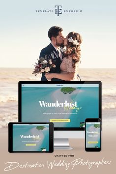 a couple kissing on the beach in front of a computer, phone and tablet screen