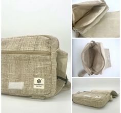 four images show the inside of a bag with zippers and handles, along with instructions for how to fold it