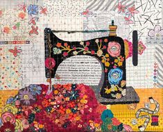 a sewing machine sitting on top of a table covered in lots of different types of fabric