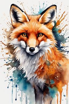 a watercolor painting of a fox with orange eyes