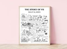 the story of us by bailey & james illustrated book cover on a wooden frame against a pink wall