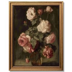 a painting of pink and white flowers in a vase