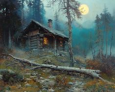 a painting of a cabin in the woods