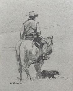 a pencil drawing of a man on a horse with a dog in the foreground