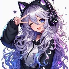 Purple Cat Headphones, Seni Korea, Whatsapp Wallpaper Cute, Recent Anime, Chibi Anime Kawaii, Cute Anime Chibi, Cute Cartoon Drawings