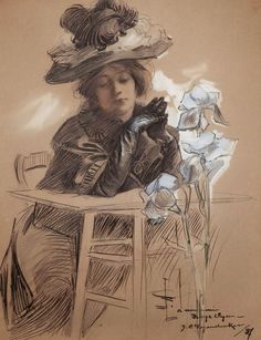 a drawing of a woman sitting at a table with flowers in her hand and wearing a hat