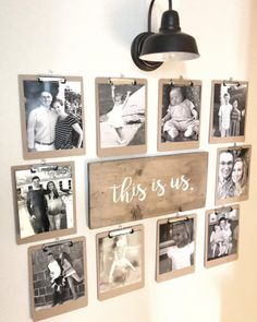 this is us photo collage on wall with family pictures and light fixture above it