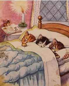 two kittens sleeping on a bed with a lit candle in the corner and an open book