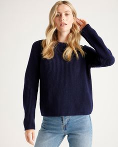 100% Organic Cotton Fisherman Crew Sweater Normal Poses, Fisherman Knit Sweater, Silky Skirt, Growing Trees, Polished Casual, Blue Jumper, Cashmere Wrap, Fisherman Sweater, Level 4