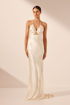 Shona Joy La Lune, Ivory Satin Dress, Cream Dresses, Wedding Moodboard, Backless Maxi Dress, Shona Joy, Dress Cream, Backless Maxi Dresses, Ruched Bodice