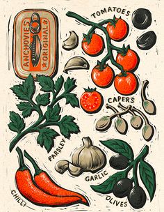 an illustration of tomatoes and other vegetables