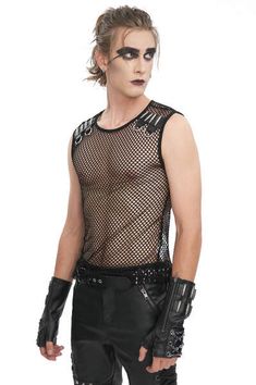 Warpath Mesh Shirt Fishnet Shirt Outfit Men, Gothic Mesh Top For Summer Party, Punk Style Tank Top For Summer Party, Edgy Club Tank Top, Edgy Tank Tops For Club, Punk Sleeveless Tank Top For Club, Punk Style Tank Top For Club And Spring, Punk Style Sleeveless Tank Top For Club, Punk Style Tank Top For Club In Spring