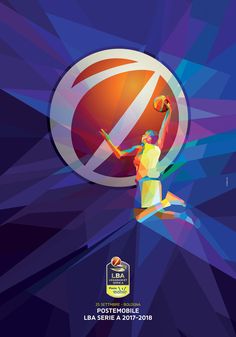 a basketball player jumping up to dunk the ball in front of a blue and purple background