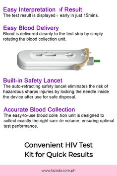 Convenient HIV test kit with easy interpretation, blood delivery, built-in safety lancet, and accurate blood collection. Benefits, The Unit