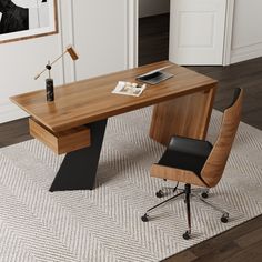 a wooden desk sitting on top of a white rug next to a chair and table