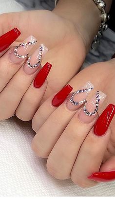 Red Acrylic Nails, Nail Designs Valentines, Nails Design With Rhinestones, White Acrylic Nails, Long Acrylic Nails Coffin, Coffin Nails Long, Red Nail, Nail Art Rhinestones, Nailed It